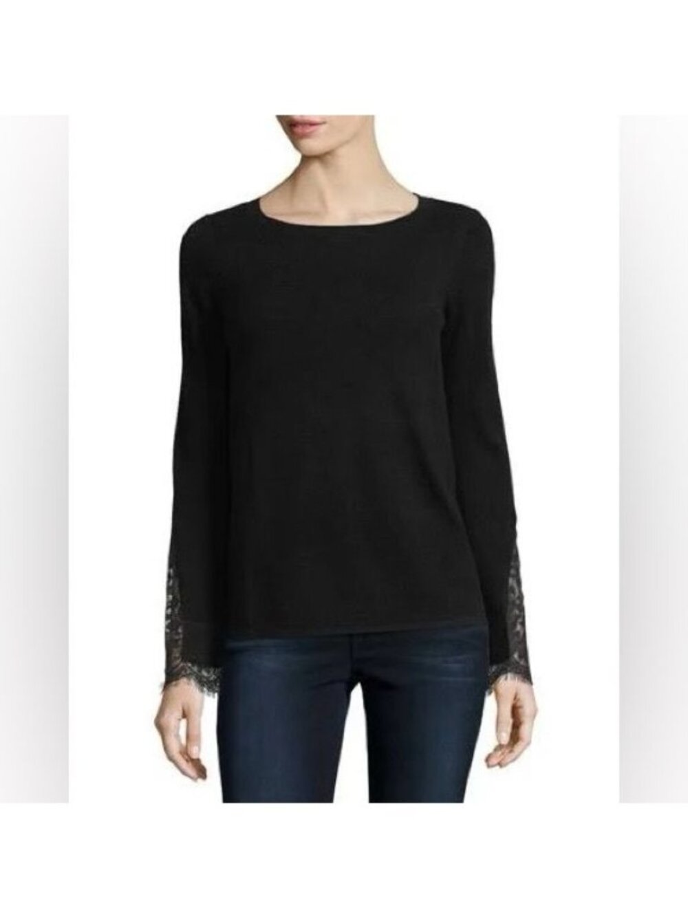 Neiman Marcus Cashmere Collection Lace-Cuff Cashmere Crewneck Sweater